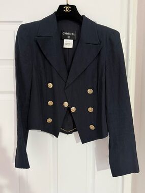 CHANEL Navy Double-Breasted Cropped Blazer with Gold Buttons